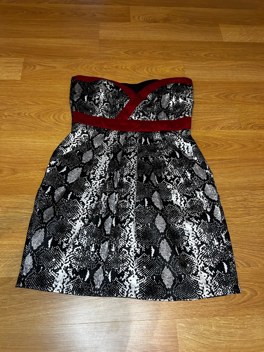 Black & White Snake Print Dress with Red Trim and pockets